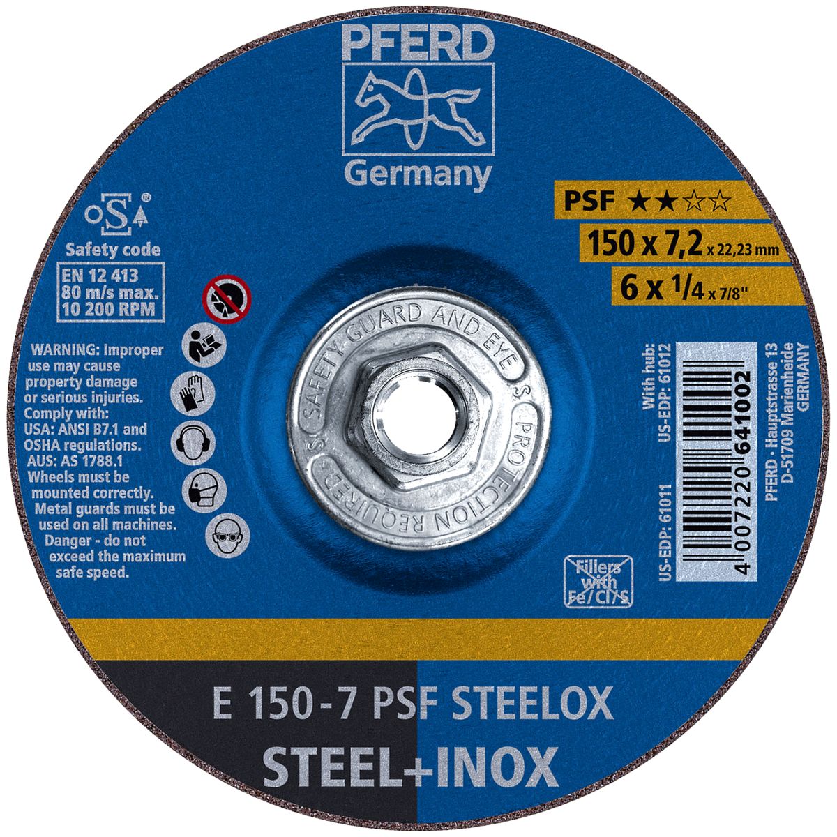 Pferd 6" x 1/4" x 5/8"-11 Type 27 Depressed Center Grinding Wheels For Steel