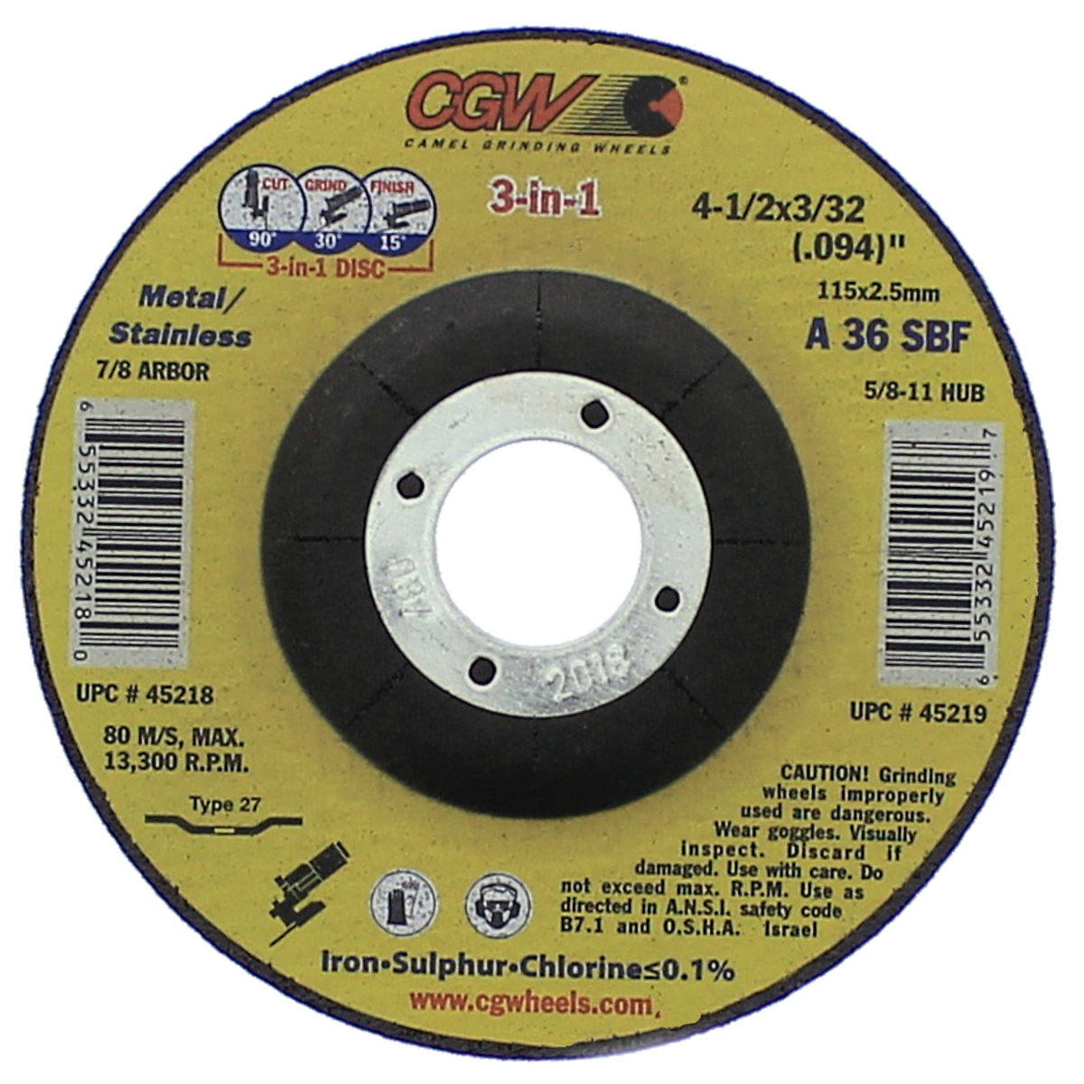 CGW 4-1/2” x 3/32” x 7/8” Type 27 Cut/Grind/Finish Wheel
