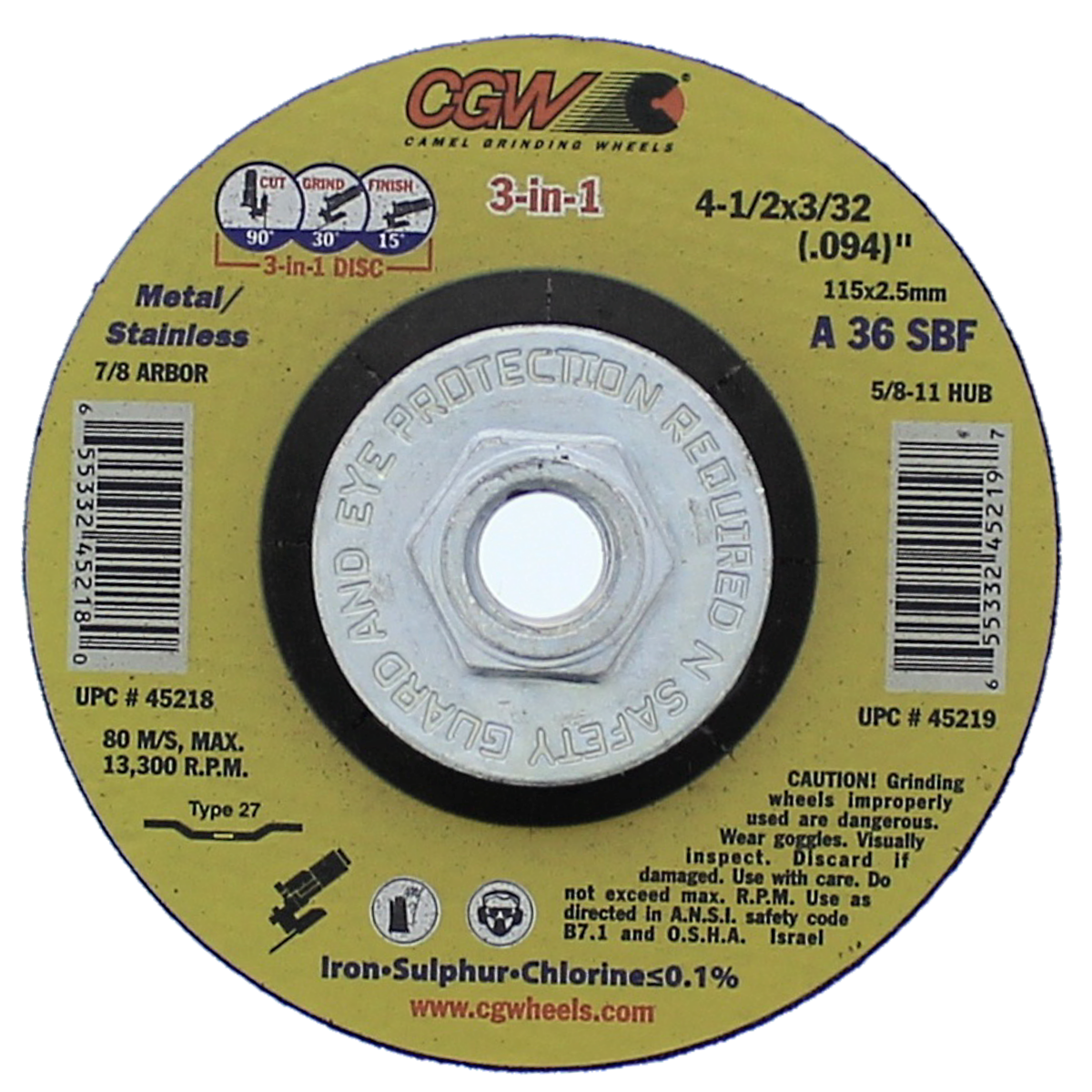 CGW 4-1/2” x 3/32” x 5/8”-11 Type 27 Cut/Grind/Finish Wheel