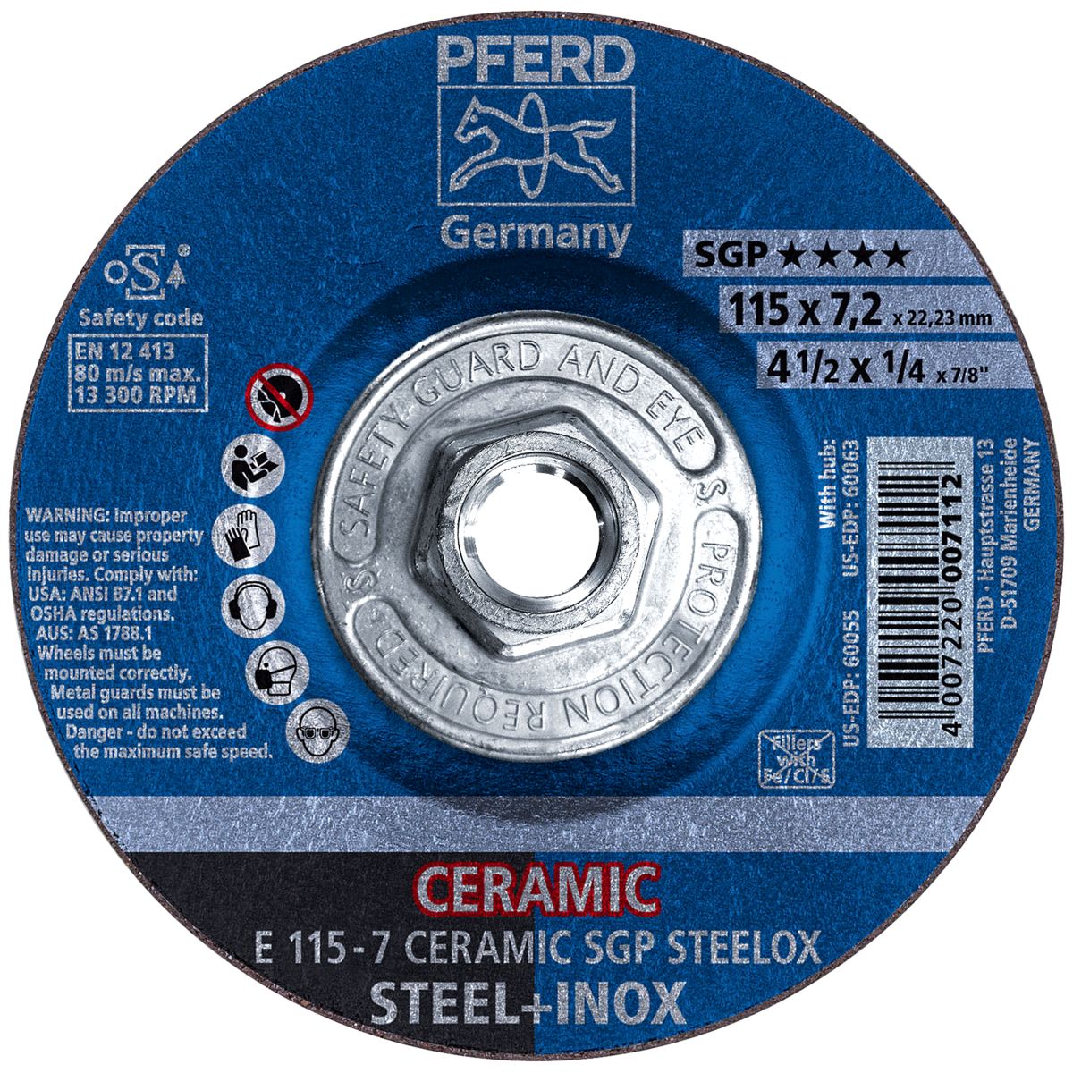 Pferd 4-1/2" x 1/4" x 5/8"-11 Type 27 Depressed Center Grinding Wheel For Stainless Steel