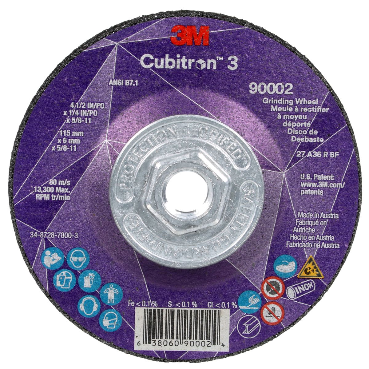 3M™ 90002 4-1/2" x 1/4" x 5/8"-11 Type 27 Grinding Wheel - Cubitron™ 3