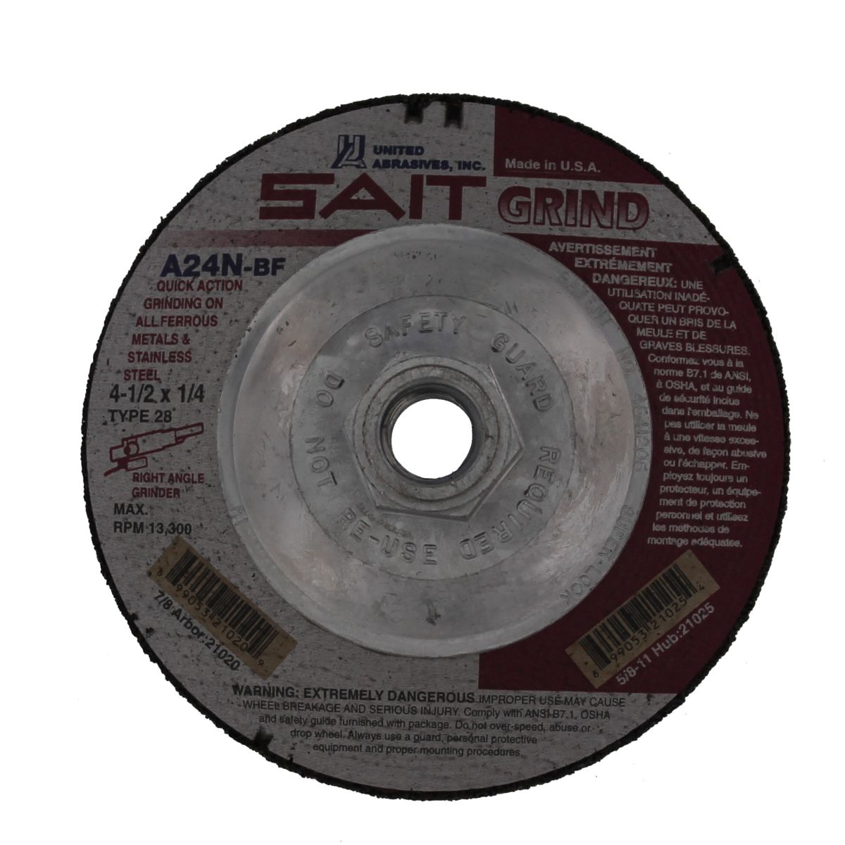 Sait 21025 4-1/2" x 1/4" x 5/8"-11 Type 28 Grinding Wheel for Metal & Stainless