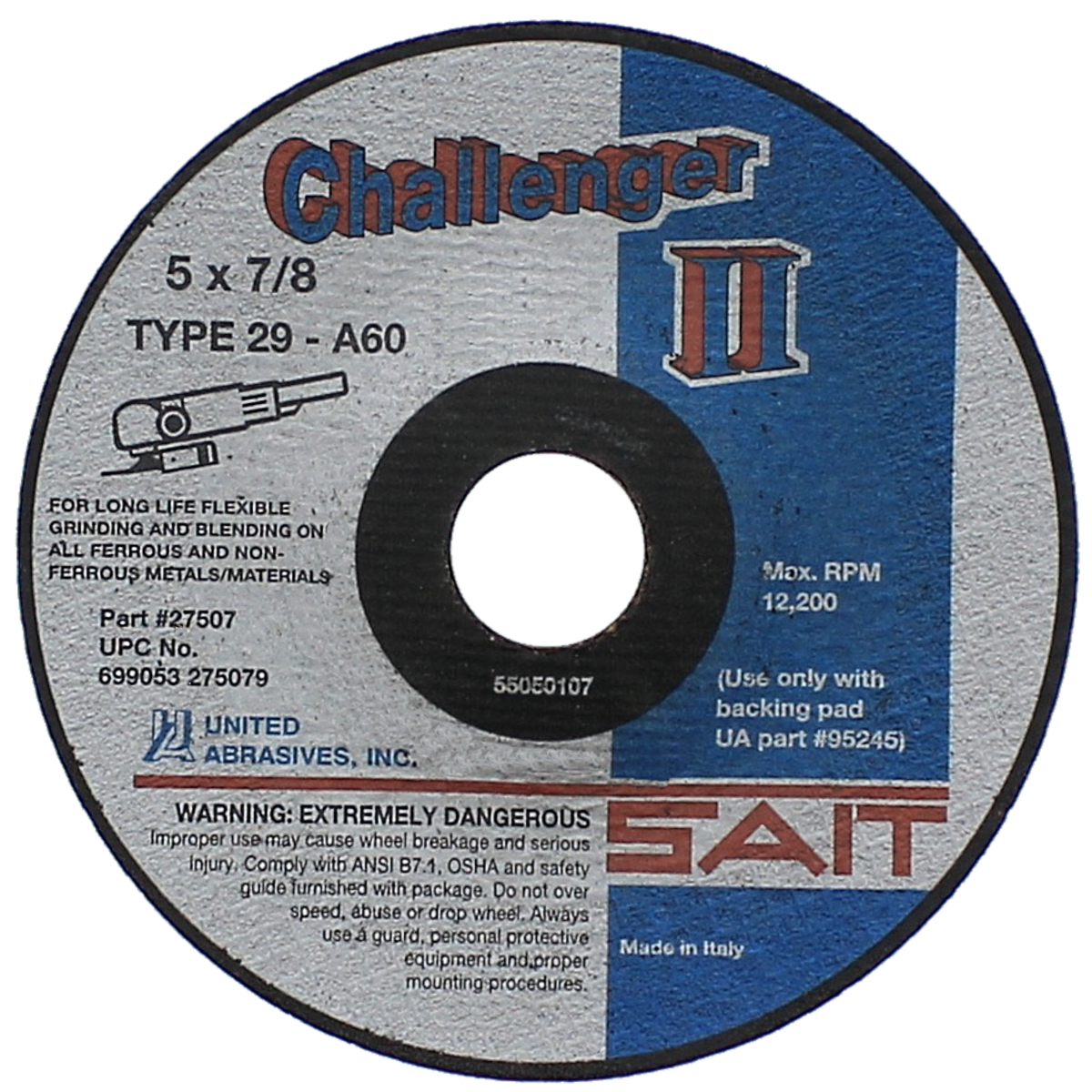 Sait Challenger II 27507 5" x 1/8" x 7/8" Type 29 Grind/Blend Wheel for Met|Stainless|Alum|Concrete