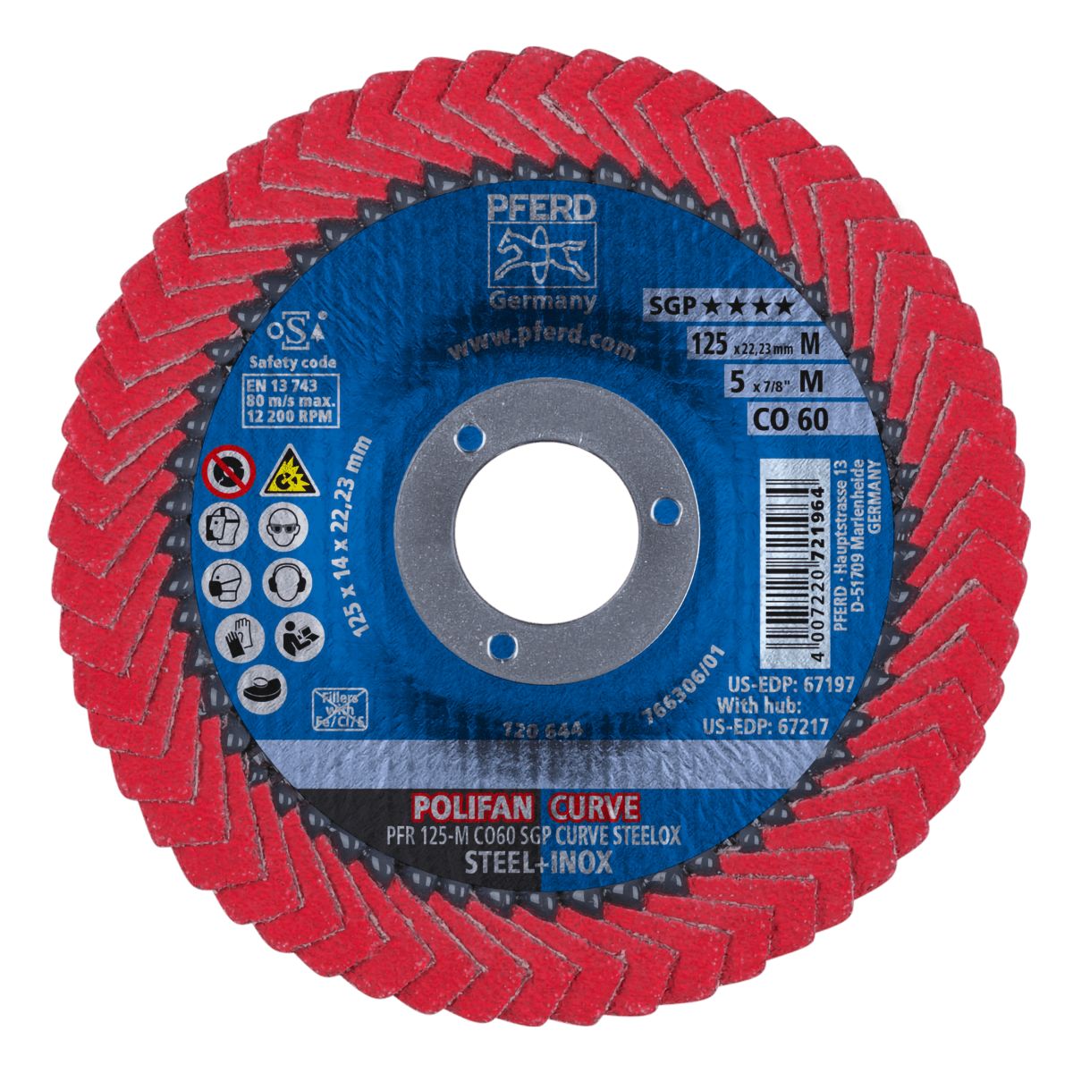 Pferd 67197  5" x 7/8" 60 Grit Medium Radius Polifan Curve Flap Disc Ceramic Oxide