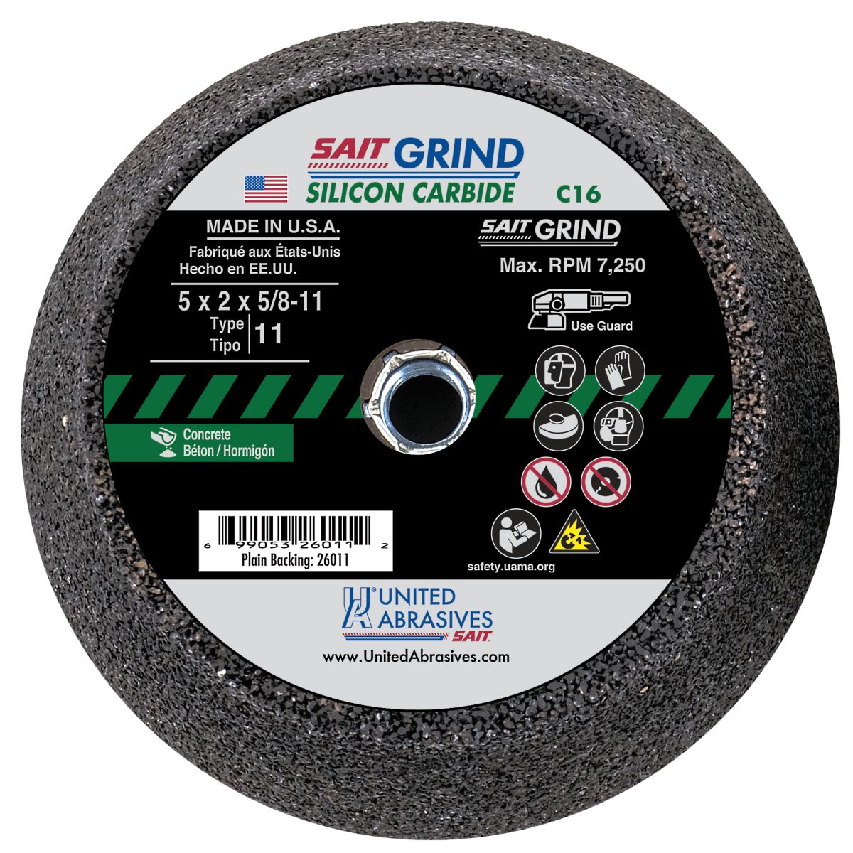 Sait 26011 5" x 2" x 5/8"-11 Type 11 Standard Cup Grinding Wheel for Masonry