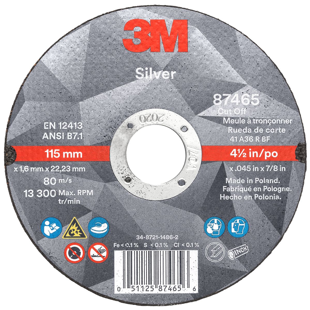 3M™ 87465 Silver Type 1 Cut-Off Wheel 4-1/2" x .045" x 7/8"