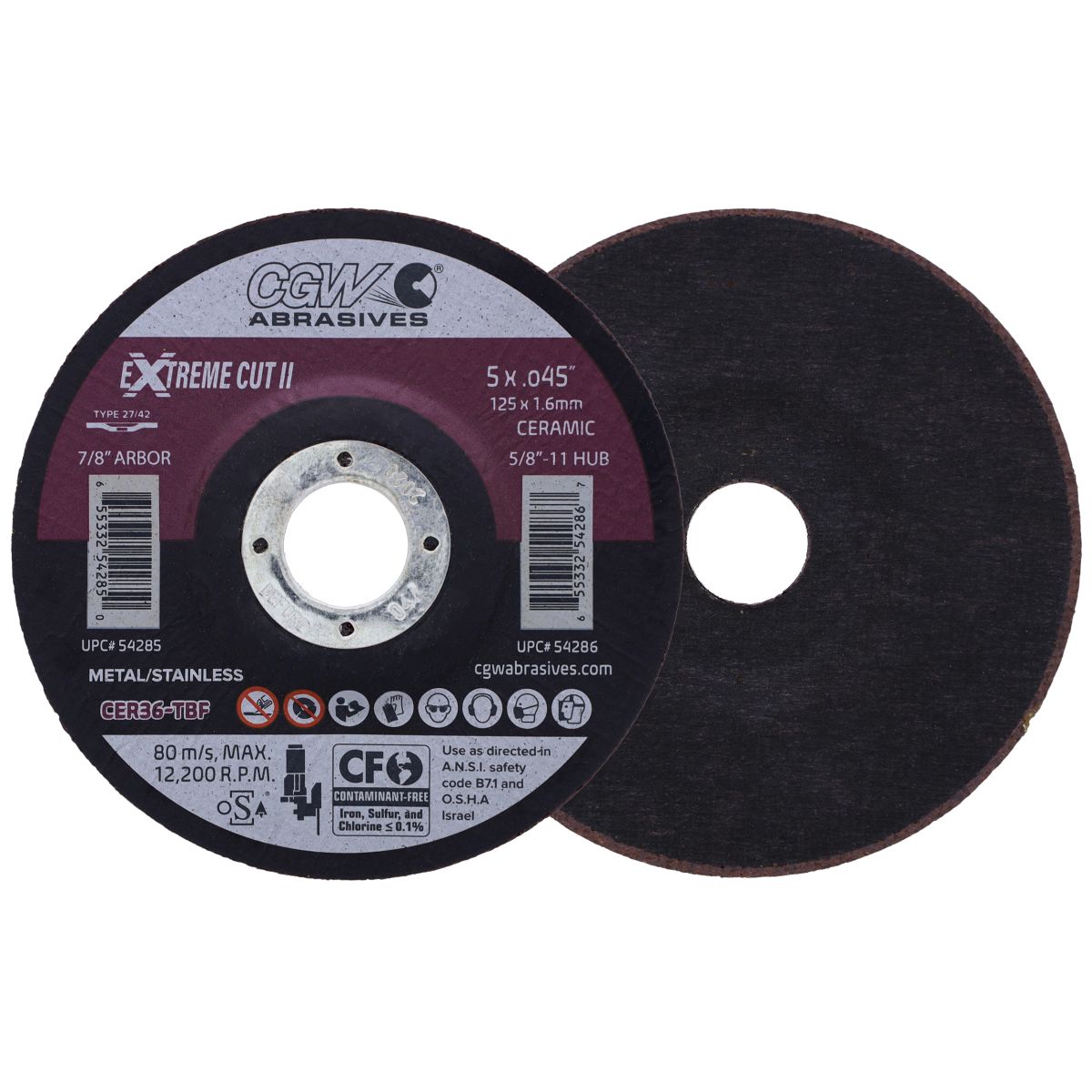 CGW 54285 5" x .045" x 7/8" Type 27 Cut-Off Wheel for Metal/Stainless Steel - Extreme II