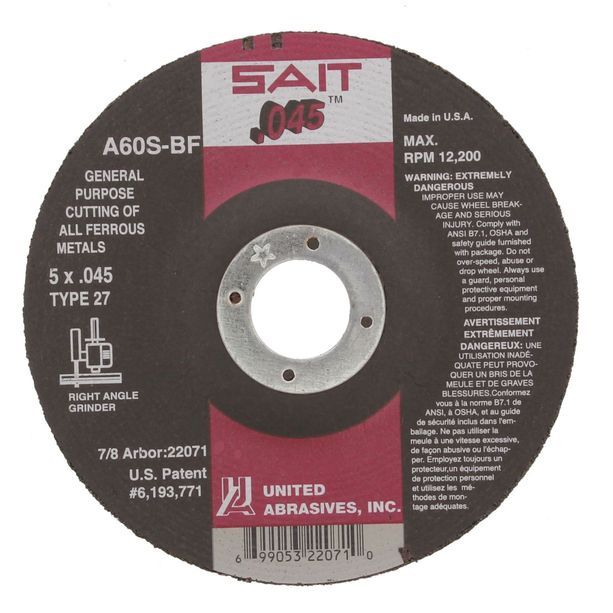 Sait 22071 5" x .045" x 7/8" Type 27 Cut-Off Wheel for Metal