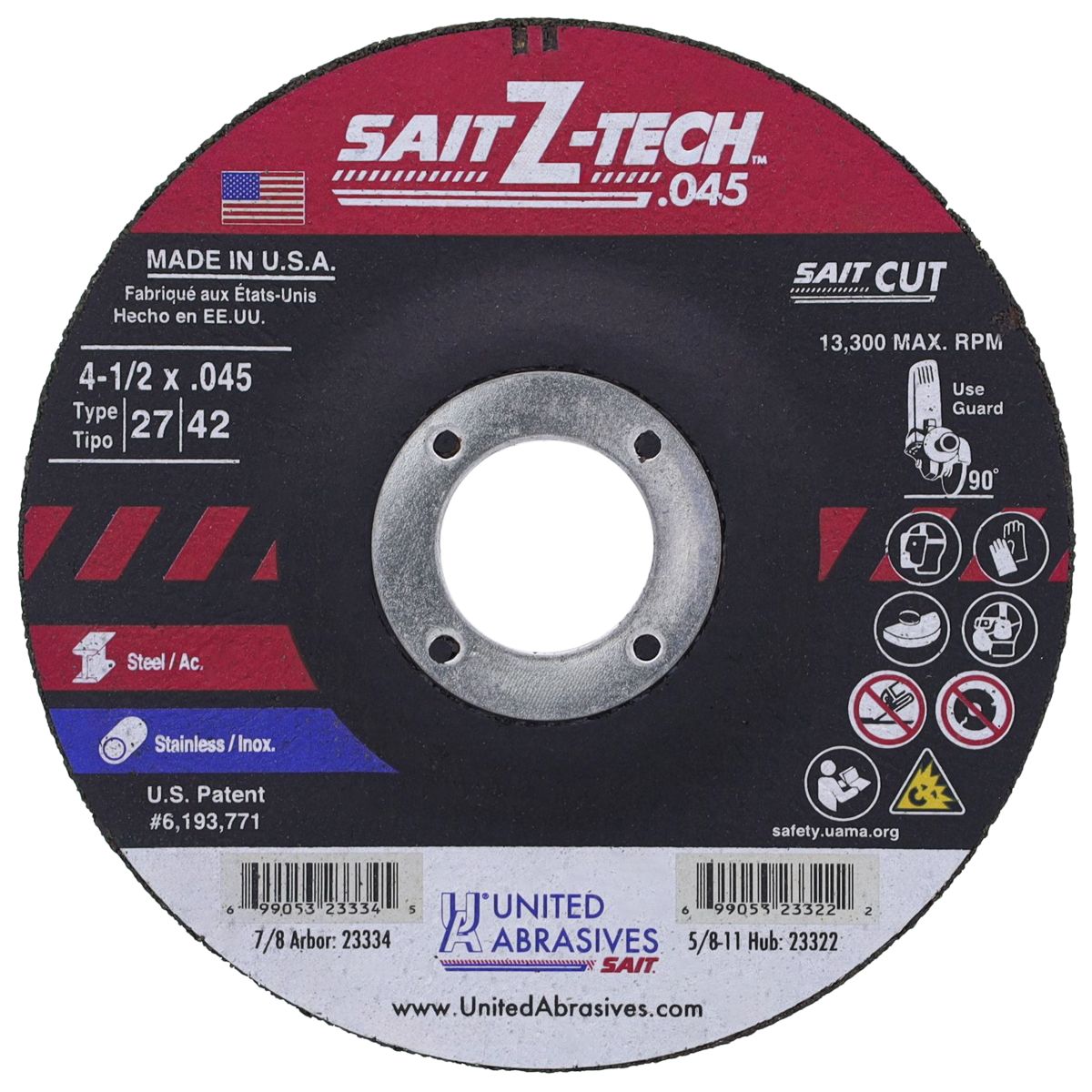 Sait Z-Tech 23334 4-1/2" x .045" x 7/8" Type 27 Cut-Off Wheel for Metal & Stainless