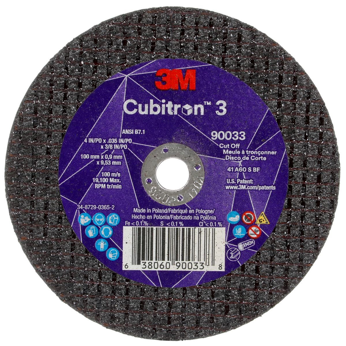 3M™ 90033 4" x .035" x 3/8" Type 1 Cubitron 3 Cut-Off Wheel for Ferrous Metals