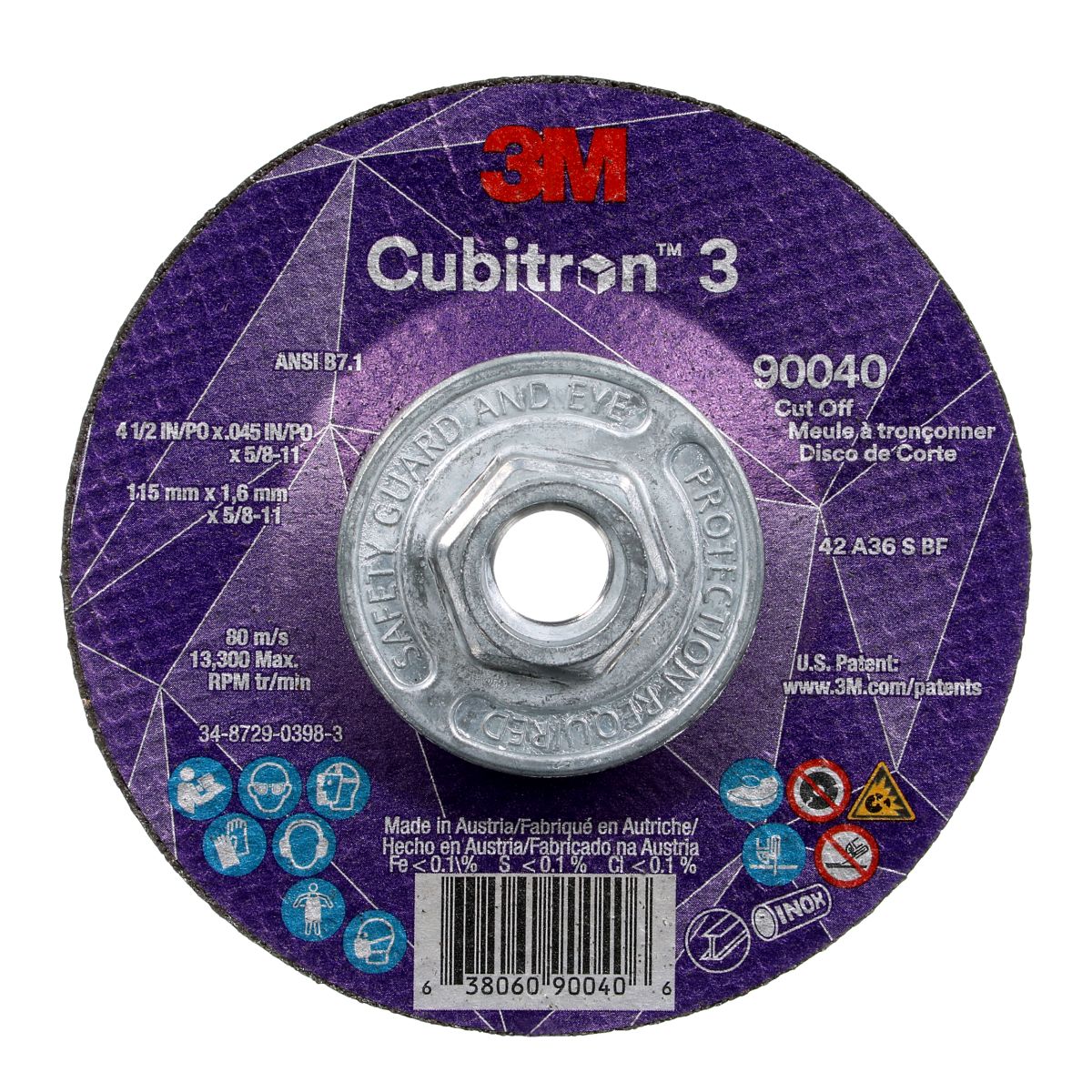 3M 90040 4-1/2" x .045" x 5/8"-11 Type 27 Cubitron 3 Quick Change Cut-Off Wheel for Ferrous Metals