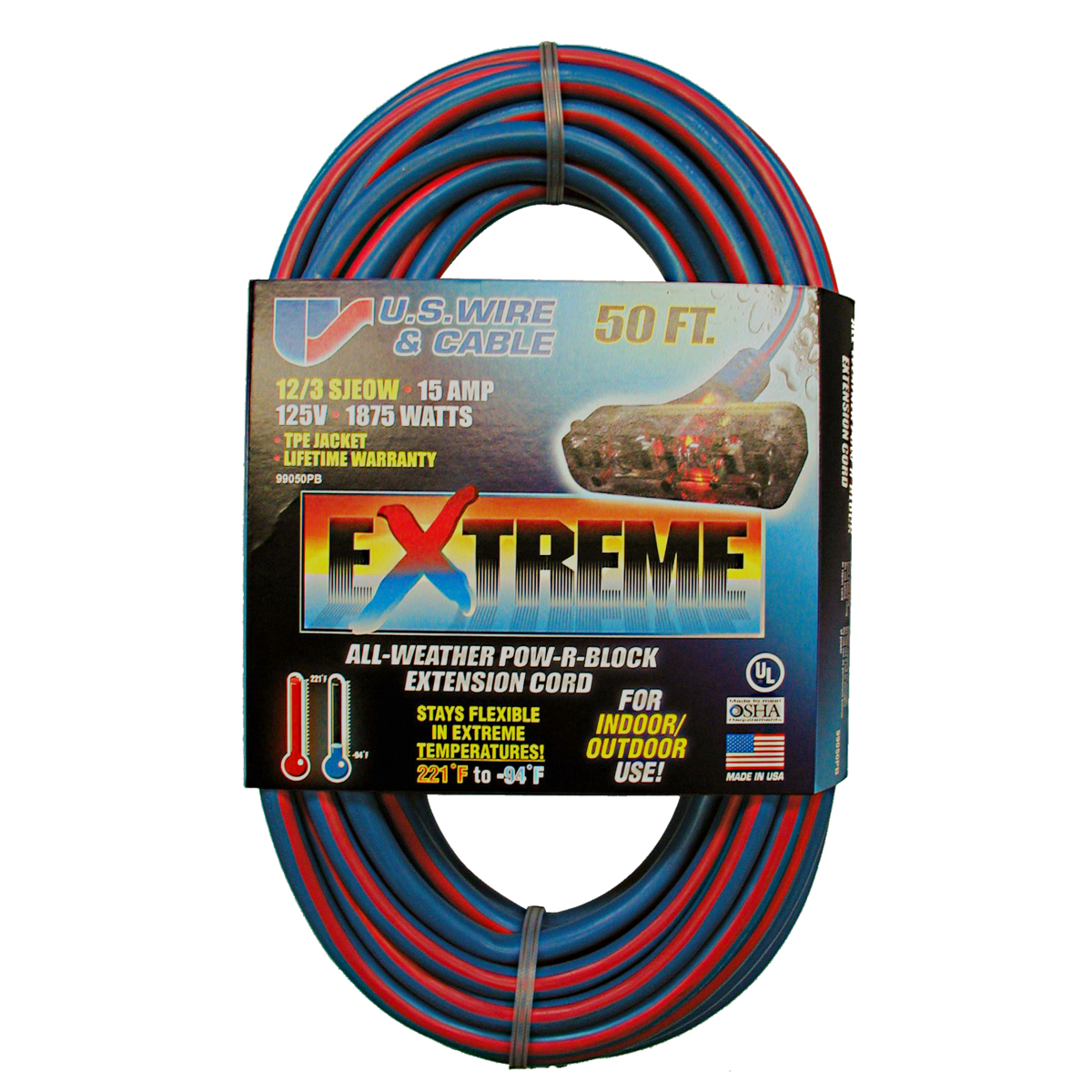 50 Ft. Extreme All Weather Lighted Triple Tap Extension Cord 12/3