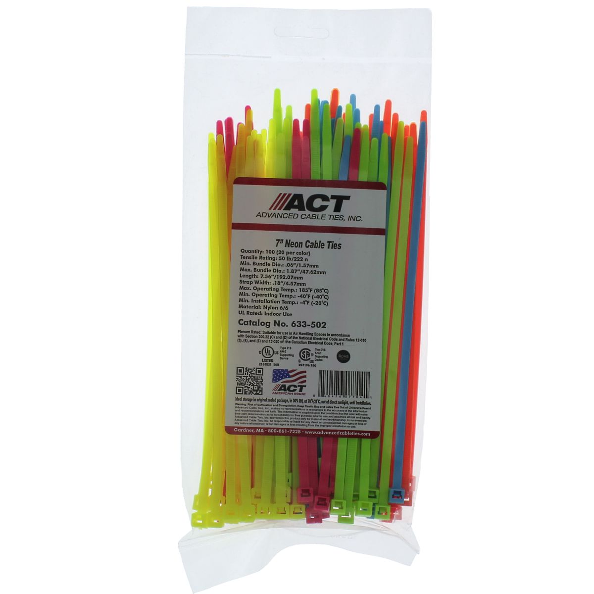 7" 50 lb Nylon Tie Wraps Fluorescent Colors Assortment 100/PKG