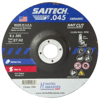 Sait SAITECH 22082 6" x .045" x 7/8" Type 27 Ceramic Cut-Off Wheel for Metal & Stainless