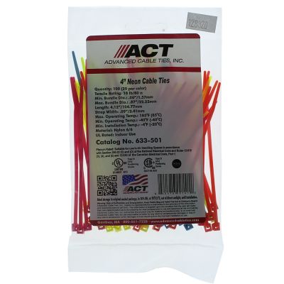 4" 18 lb Nylon Tie Wraps Fluorescent Colors Assortment 100/PKG