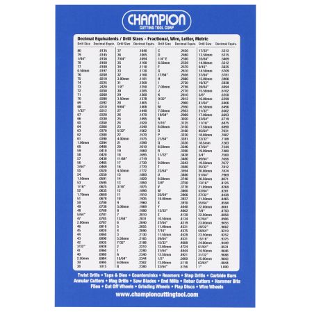 Champion Cutting Tool tap and drill size pocket reference card