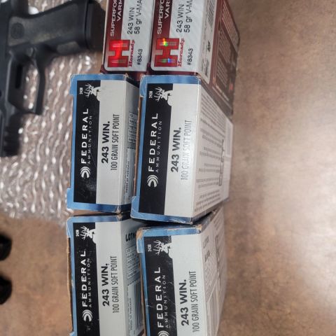 Federal 243win qty 46, Hornady 243win QTY 36. Total 82 rounds of 243 plus any spent brass. All ammo sold together, will not split up. Price is shipped.  