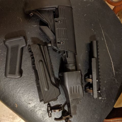 Ultimak M1B for stamped AK, $SOLD. ATI AK lower handguard, folding/collapsing buttstock, black polymer pistol grip, and trigger/hammer/disconnect with pins, $50.