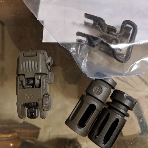 Colt M4 side swivel, complete, $SOLD. Magpul ODG MBUS2, $SOLD, PWS Triad closed tine flash suppressor $SOLD.