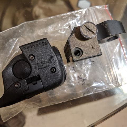 Streamlight TLR-6 light/laser combo for Springfield XD/XDM, $SOLD. Samson gas block height front sight, painted, missing mount hardware (screw and clamp), $SOLD 