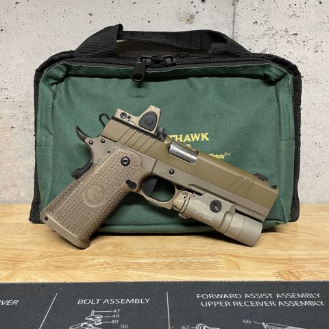 This is one of the original sandhawks before it was a production gun, this is why it features a stainless steel barrel rather than the DLC and lack the NHC logo on the slide. It includes all paperwork from the factory, 9 extra recoil springs, a 17 rounds and 21 round magazines. The slide is milled to accept either RMR or DPP style dots. The Surefire X300u-B is included, the trijicon RMR HRS can be included for $450 extra. I don’t think this pistol needs an explanation, it is on of the smoothest and flattest shooting hand built pistols on the market.