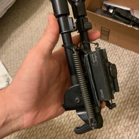 Harris 6-9 BRMS with Hawk hill feet, KMW pod loc, and Larue picatinny bipod adapter.