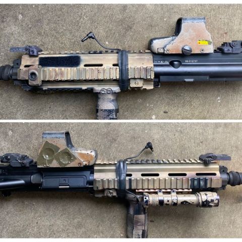 AI datecode factory 416 upper. Legit Dev carried eotech 551 and Cag carried 416 rail. Sure fire m600a also surplus. KAC front sight and arms 40L rear. AAC 51t muzzle. S&s lowpro mount gen 1. 