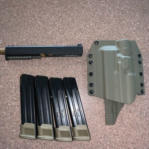 Glock gen 4 G17 complete slide
-optic cut for RMR
-fiber optic night sights
-SureFire/ZEV threaded barrel
-$350

Bravo Concealment OWB holster for G17 gen4 w/ SureFire X300u(a-b)
-$35 


