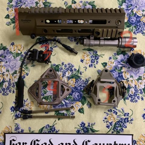 1)Remington Defense RAHG- $300
2)SureFire repro m600U-sold
3)Repro ARMS rear buis-$ 25
4)Ops Core Skeleton shroud w/ bunjees-$125
5)Ops Core Modular Bunjee Shroud- $150
