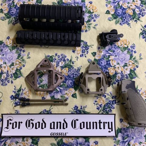KAC RAS w/ panels/$150
Matech rear sight-sold
Ops core skeleton shroud -$100
Ops core bunjee shroud- $150
Hk- battle grip -$35
Geissele sticker-free to a good home