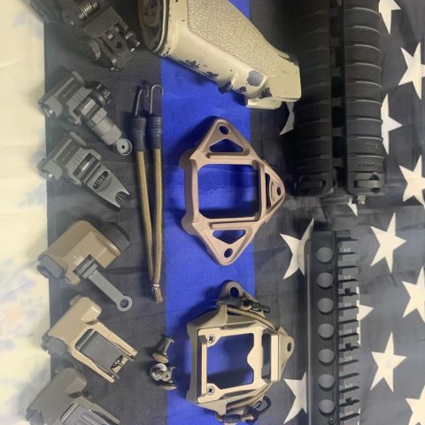 KAC RAS ($150)
HK battle grip ($30)
Ops Core Skeleton Shroud (100)bunjee shroud ($150)
A.R.M.S. rear buis ($35)
*replica KAC micros ($50 for set)
*replica KAC ($50 for set)
KAC 99051 ($200)