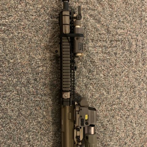 Sure fire 4 prong, DD socom 14.5” barrel (<300 rounds), DD M4a1 RIS II fde, BCM BCG fde, ***Repro Wilcox 0.410” riser (SOLD)***, KAC 99051, KAC micro usmc marked rear , Eotech exps 3-2 fde, Eotech repro g33 fde, PRI gas buster, SandS precision weapon link gen 1, Burnt Bronze cerakoted upper receiver