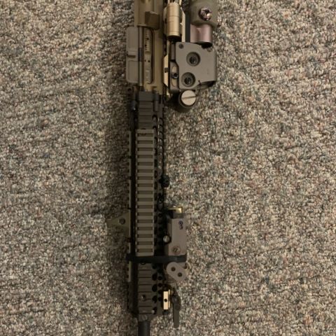 Sure fire 4 prong, DD socom 14.5” barrel (<300 rounds), DD M4a1 RIS II fde, BCM BCG fde, **** SOLD-Repro Wilcox 0.410” riser***, KAC 99051, KAC micro usmc marked rear , Eotech exps 3-2 fde, Eotech repro g33 fde, PRI gas buster, SandS precision weapon link gen 1, Burnt Bronze cerakoted upper receiver