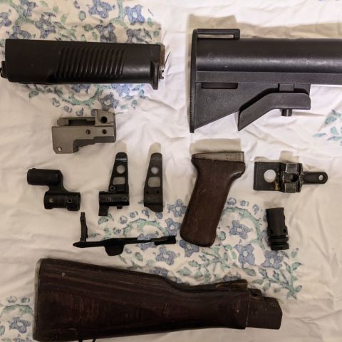 Top left to right: Beryl handguard $25, Polymer contract CAR stock **SOLD** Top Left Center: Polish Tantal Front Trunnion $110 (can be used for hybrid AK74 build) Center Left to Right: Saiga Sporter take off gas block $20, IZZY 88 FSP (rare) $110, Romanian MD63 FSP $20, Romanian Wood Grip $OFFER$, Romanian rear trunnion $OFFER$, Lower Center LEFT to Right: Krebs Enhanced Safety **SOLD** $30 **SOLD**, MDC BD2-AK47 Break (NIB) **SOLD** $45 **SOLD** Bottom: Romanian WASR length wood Stock $25