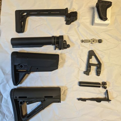 1. Sig minimalist stock --sold-- 2. Definitive Arms AKM/M4 adapter- -sold-- 3. BCM gunfighter stock --sold-- 4. Magpul CTR stock odg 5. Emissary picatinny 6. akm peep 7. BCM "F" FSB .750 --sold--8. Hydrolic Buffer  --sold-- 9. --sold--Krebs Custom enhanced safety
