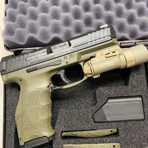 Unfired ODG HK VP9.  This is the 2021 version with two 17 round mags vice the 15 round earlier models.  Factory HK Night Sights installed.  Comes with all the factory HK stuff, Box, Paperwork and backstraps.        