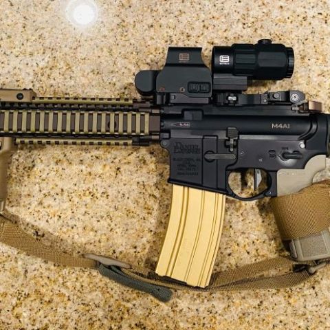 Daniel Defense M4A1 SOCOM Block II 14.5" Full Kit.  This is a Factory Daniel Defense Rifle that has been upgraded with the following: FDE B5 SOPMOD - FDE B5 P23 Grip - Geissele SD-C Trigger - FDE Tango Down Stubby VFG - FDE Cloud Defensive LCS - FDE Surefire UE Tail Cap - FDE Surefire Scout - Surefire SR07 Remote Switch - Geissele URGI NSN DDC CH - Forward Controls Design Black Single Dimple EPC - Troy M4 Cage Code BUIS - Eotech G45 Magnifier - Eotech EXPS 2-0 - Blue Force Gear Vickers 221 Coyote Padded Sling - B5 Winter Trigger Guard.  DD hard case, paperwork and all the factory Takeoffs to include Stock, Grip, Charging Handle, Rail Panels and DD 32 Round Mag included. (Desert Gold Mag NOT INCLUDED!)