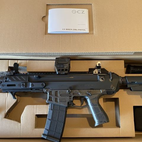  CZ Bren 2 MS in 5.56, 8" Barrel, SBA3 Brace JMAC Customs Hand Stop.  Comes with all the factory crap.  Two 30 round mags, Cleaning Kit, Paperwork.