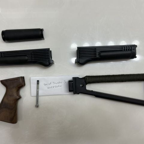 Milled AK CRH Customs Triangle Stock, Arsenal Milled AK Handguard Set, Lower Arsenal Handguard, Curly Walnut Kalashnicarver AKM grip.