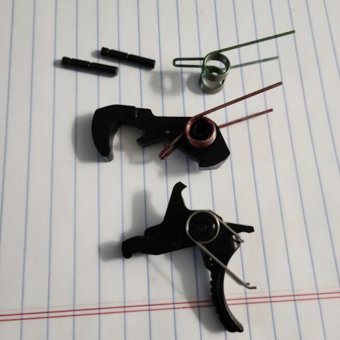 HIPERFIRE Hipertouch Enhanced Duty Trigger Heavy Gunner. 2 user-adjustable trigger pull weights of 4.5+ and 5.5+ lbs. Single stage, semi-automatic. Radical Sear Mechanics: Medium Weights (4.5 and 5.5 lb. pulls), smooth, accurate. Heavy, SwingFast Hammer Head - Faster lock-up and more accurate. MIL++ Heavy Duty Hammer Springs. Very hard hammer strikes, high power touch off for ultimate accuracy. Curved Trigger with a Backbone. For standard AR lower receivers using small pins of 0.154-inch diameter. Hint of creep, slightly shorter travel to break from moment of reset. Crisp, clean trigger break. Best-In-Class fast/positive reset. Faster hammer lock-up than stock, Mil-Spec strike energy. Installs without removal of the safety selector. Short over-travel. Positive reset you can feel and hear. Heat-treated alloy steels.