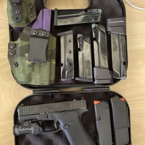 Glock 43x w/Tlr 7 sub, empire glock trigger(tachunfish edition) 5 gen 2 shield mags two with the 5 round extensions, 2 stock mags and comes with shields mag release but has the stock installed QVO glock 48x holster with mag carrier.
