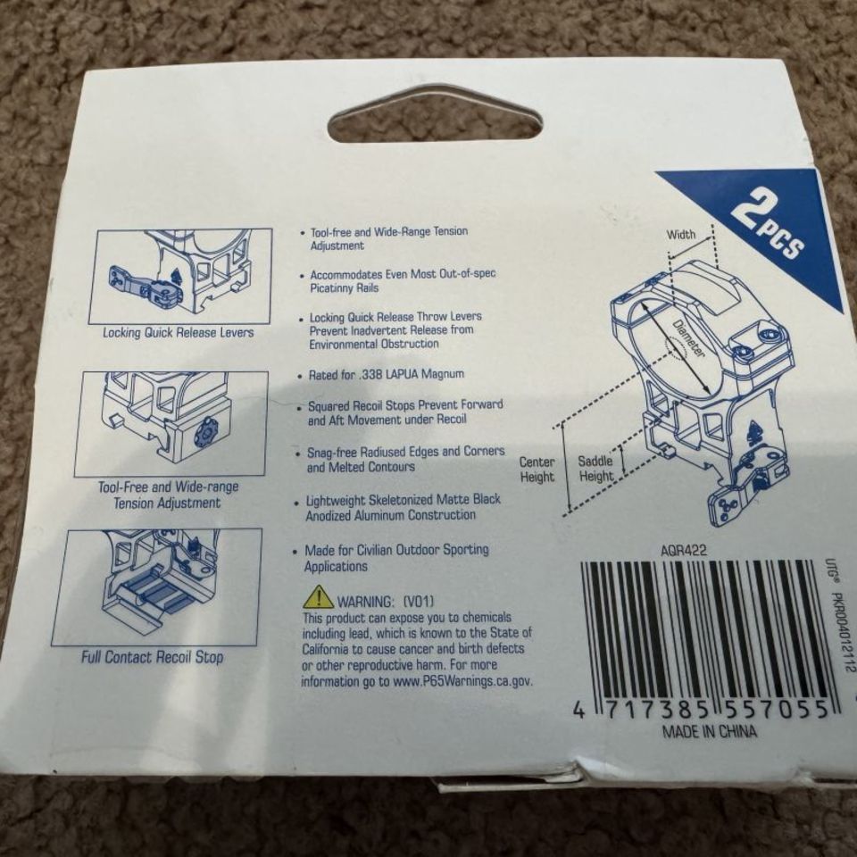 Image 2 - UTG 34mm QD scope rings 1.54