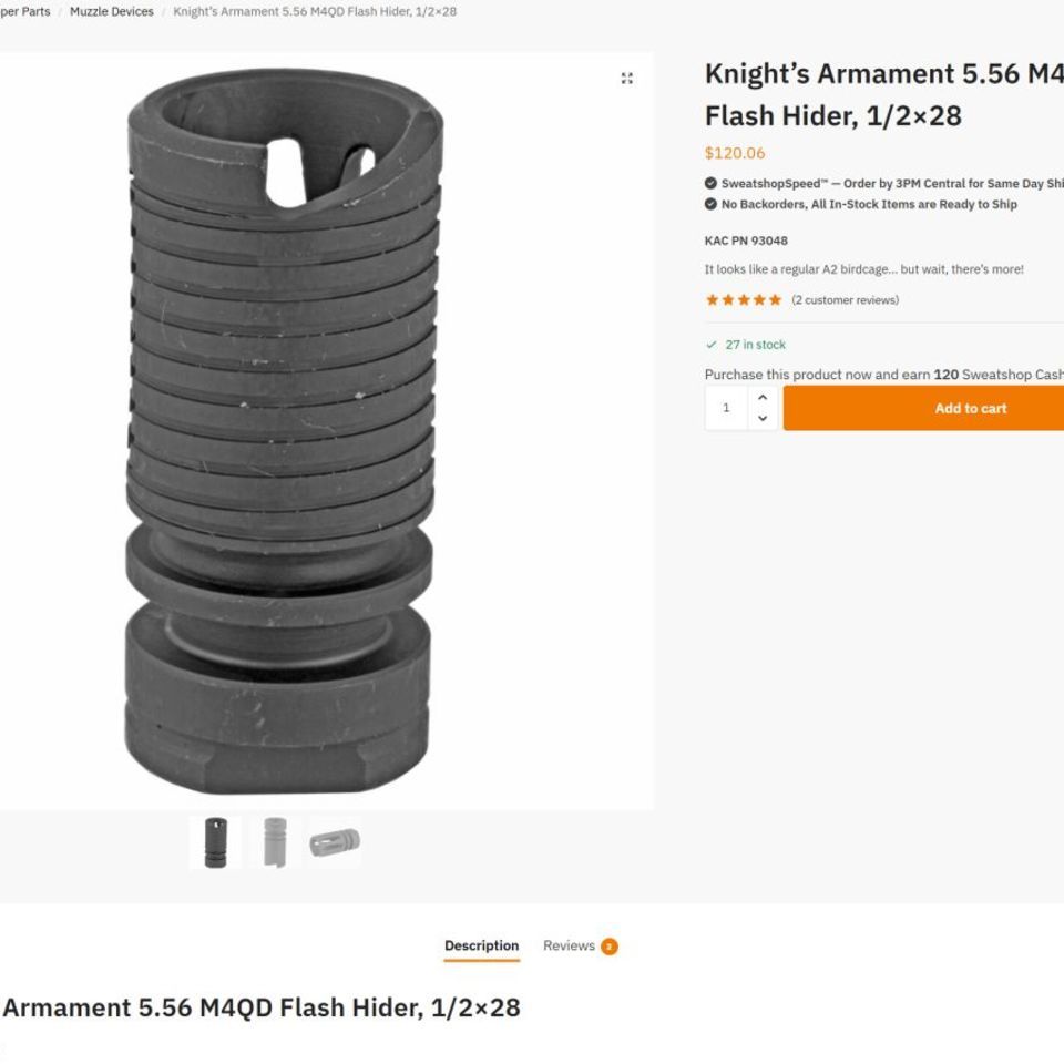 Image 3 - Knight’s Armament 5.56 M4QD Flash Hider, 1/2×28