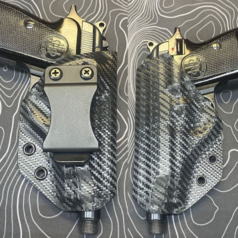 Post 2 -  Beretta 71 iwb right hand kydex holster. 1.5” clip is adjustable for straight or canted carry. Muzzle end is open for suppressor adapter. I have plain black and carbon fiber black ready to ship. Can make custom colors. Professional quality hardware. Hand polished edges.
