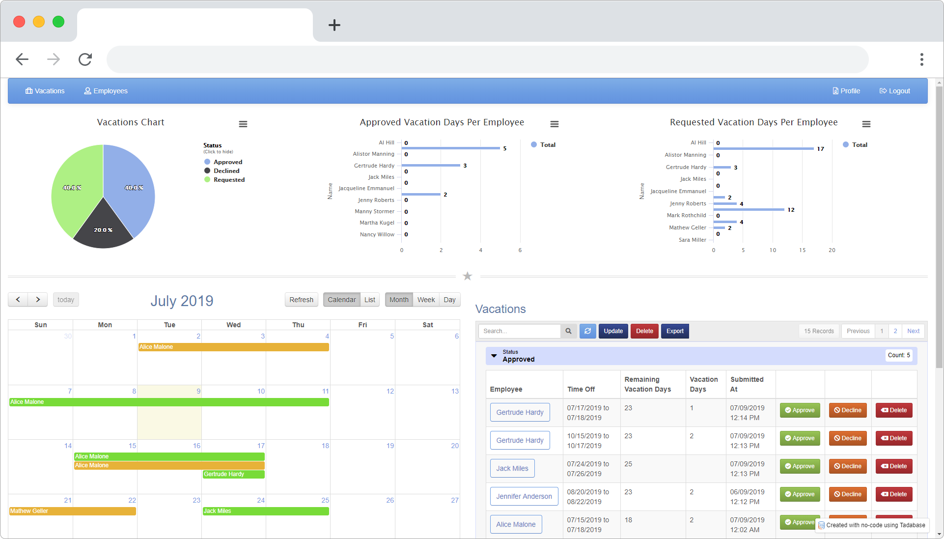 tadabase io time off manager employee leave tracker