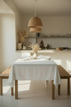 Tafelkleed op maat – 100% katoen – wit – volledig getwijnd – gemerceriseerd – wasbaar op 60 °C