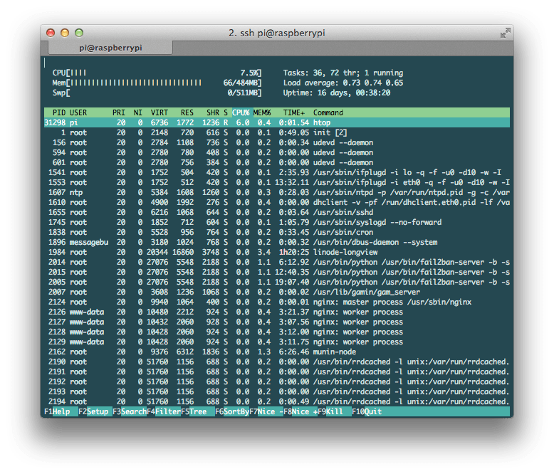 htop running on a Raspberry Pi