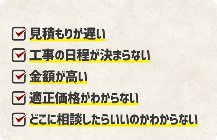 見積もりが遅い / 工事の日程が決まらない / 金額が高い /\n      適正価格がわからない / どこに相談したらいいのかわからない