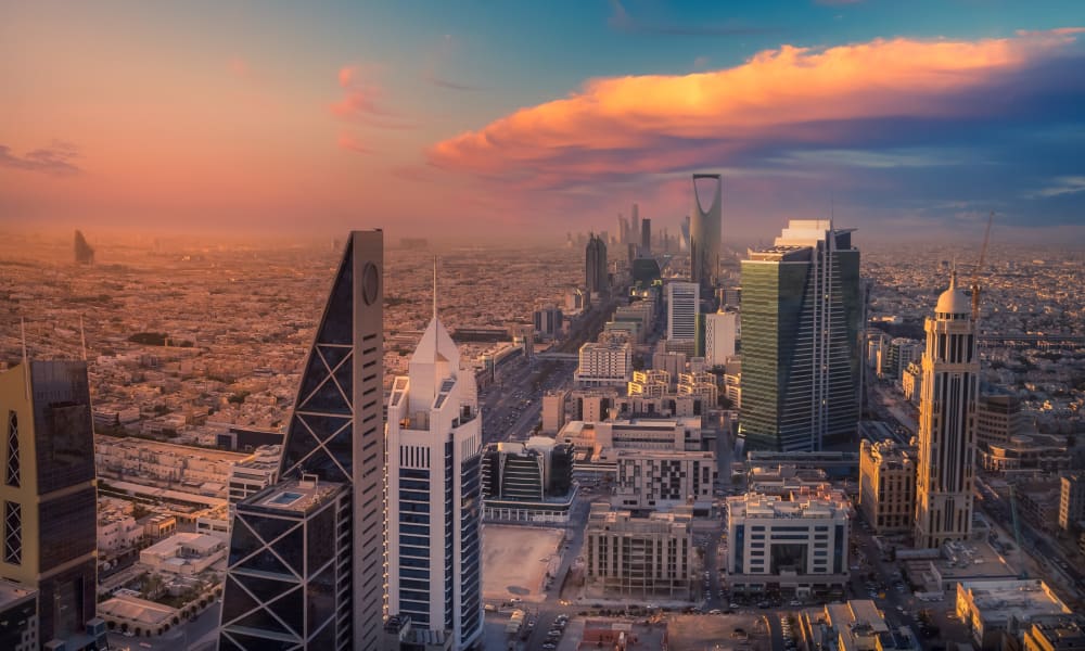 An aerial view over Riyadh at the golden hour