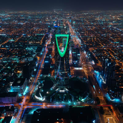 An aerial view of the city of Riad at night